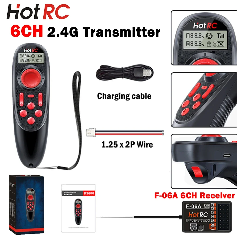 HOTRC 6CH 2.4G RC Boat Transmitter DS-600 LCD Remote Controller F-06A PWM Receiver Voltage/Signal Return 4-9V Model Car Ship Toy