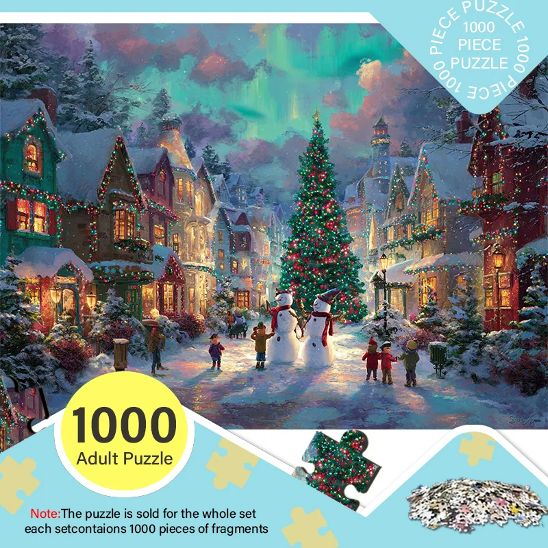1000-Piece Adult Mini Puzzle Box with Snowy Christmas Town Design - Scratch-Resistant, High Difficulty, Suitable for Adults, F