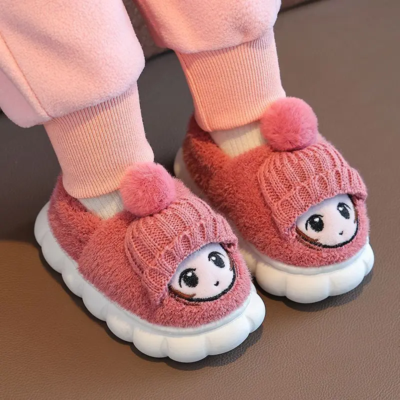 Children Cotton Slippers 2024 New Winter Boys Girls Anti-Slippery Indoor Cartoon Cute Home Shoes Kids Fluffy Knitted Footwear