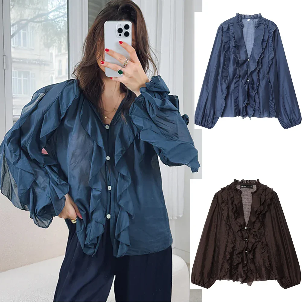 

New Fashion Autumn Office Lady Shirts Casual Chic Women Blouse Solid Stacked V-Neck Button Long Sleeve Blouse