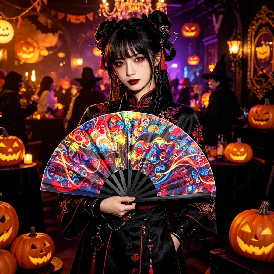 Halloween Skull Kung Fu Fan 33 cm - Black Plastic Bone Large Fan - Party Photography and Dance Props Folding Fan