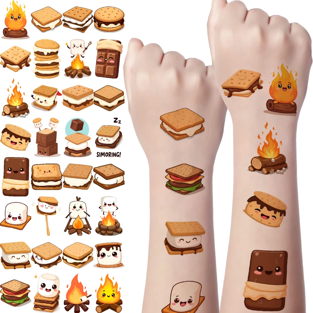 

63 шт. временные татуировки зефир мультфильм Грэхэм Крекер S'mores водостойкие долговечные наклейки на тело шоколад для девочек