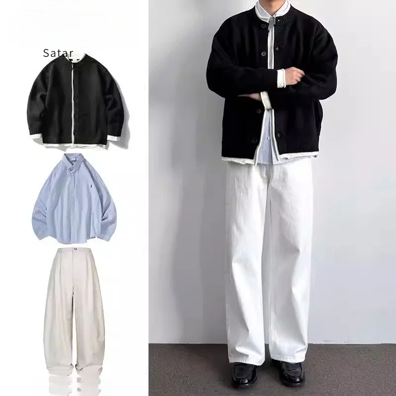 

Мужской повседневный вязаный свитер с круглым вырезом и пуговицами, из полиэфирного волокна, с длинными рукавами, яркий, в американском стиле