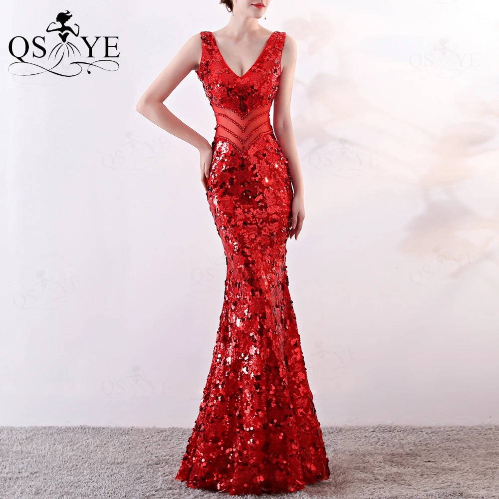 Sequin Red Evening Dresses V neck Mermaid Long Party Dress Hollow out Waist Bead Lace Sexy V-shape Back Party Formal Dress