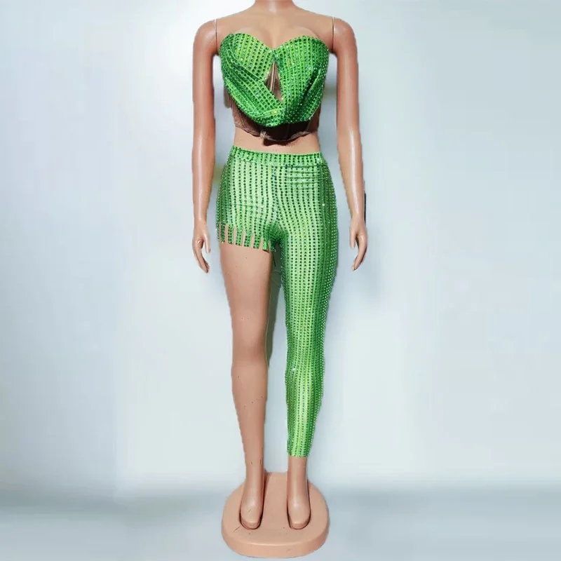 

Green Rhinestones Outfit Halloween Women diamond one leg jumpsuit Bar Nightclub Dj Ds Gogo Dancer Costume Stage Rave Wear