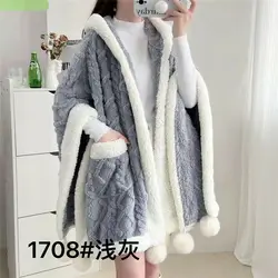 Autumn Winter Thicken Warm Lambswool Shawl Pajamas Women Loose Casual Hooded Bathrobe Cape Loungewear Fleece Sleepwear Cardigan