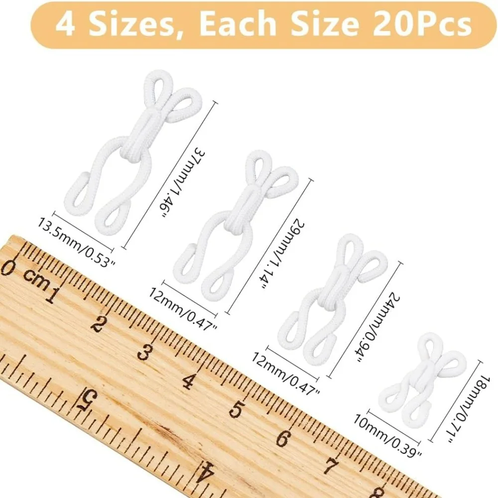 80Pcs 4 Sizes Covered Sewing Hooks and Eye Closure White Sewing Hidden Hook for Clothing Bra Thick Leather deep Pile Fabrics