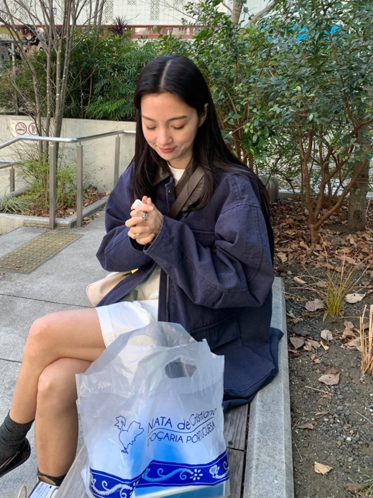 Retro Chic Cuoio DELL'UNITÀ di elaborazione di Lavoro Jaet delle Donne Allentato Vestibilità Con Colletto Multi-ket Tuta Sportiva Autunno Nuovo Sle Colore Blo Cappotto Delle Signore