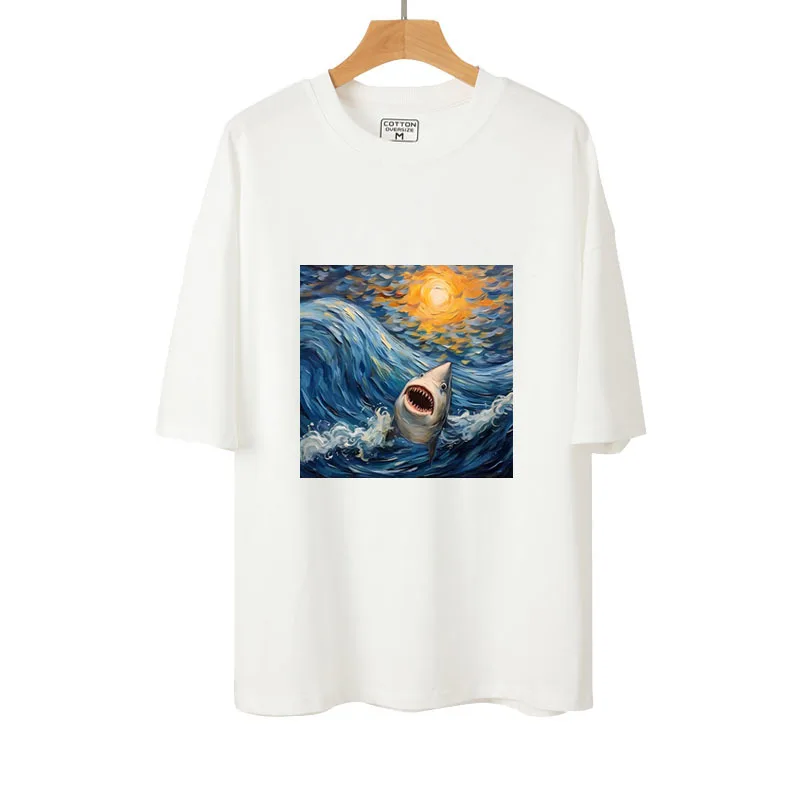 Obraz olejny niebieski Ocean i rekin naprasowane naklejka artystyczna termotransferowe do ubrań t-shirt DIY modna łatka termotransferowa