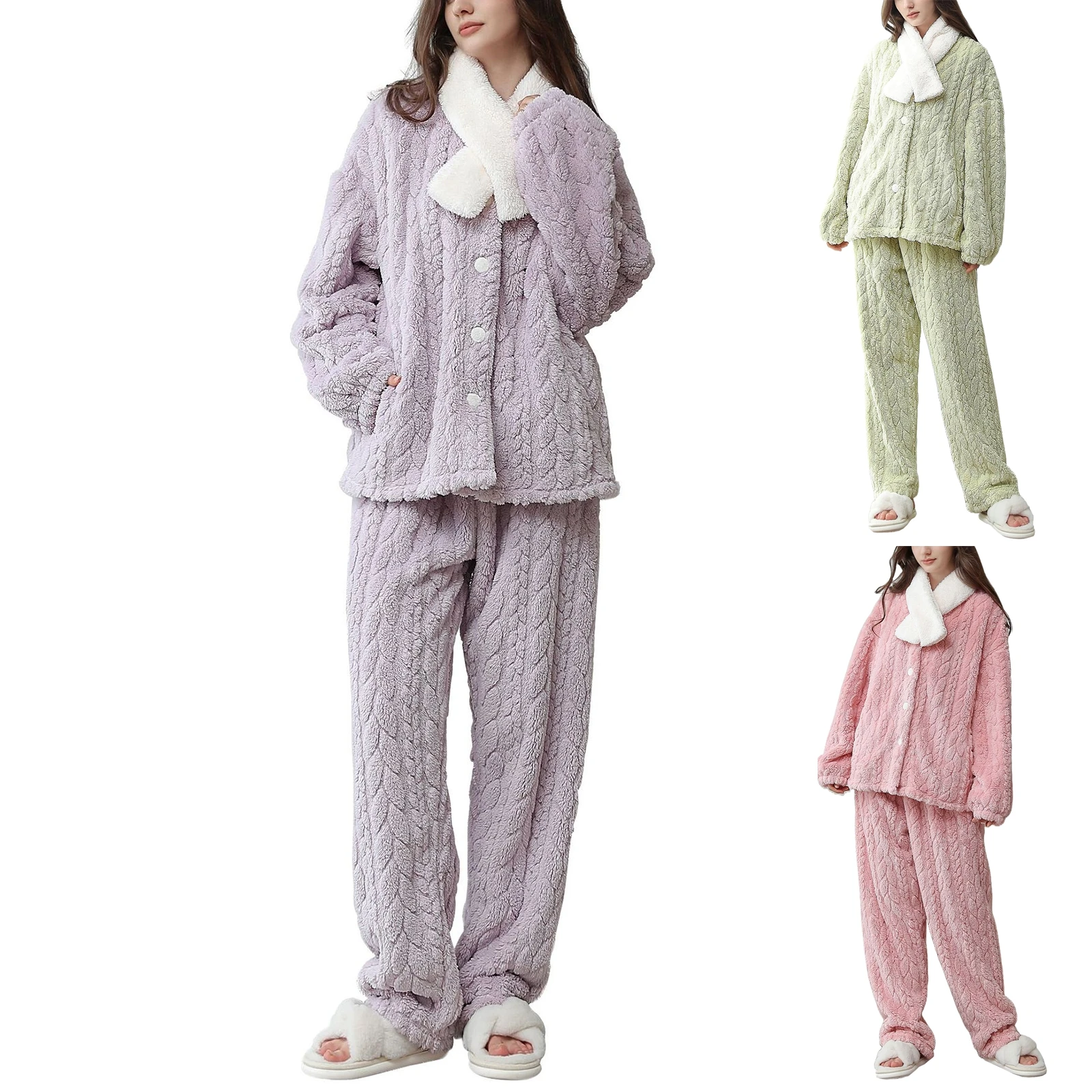 New Women'S Pajama Sets Winter Flannel Cardigan Thickened Cashmere Velvet Sleepwear V-Neck Homewear Suit Long Plush Court Style