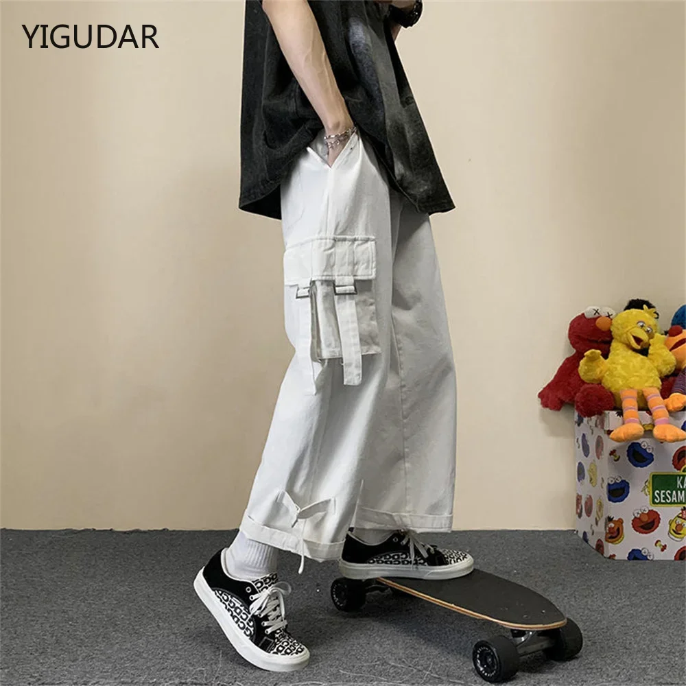 

Мужские брюки-карго, мужские черные брюки-карго в стиле Харадзюку, мужские широкие брюки для мужчин, уличная одежда, мешковатые джинсы, джинсовые брюки, мужские