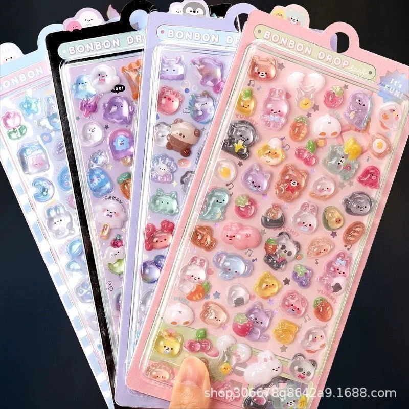 BONBON DROP 3D Kawaii Japanese Cartoon Embossed Stickers Crystal Diamond Stereoscopic Decorative Stickers For Kids DIY Wholesale