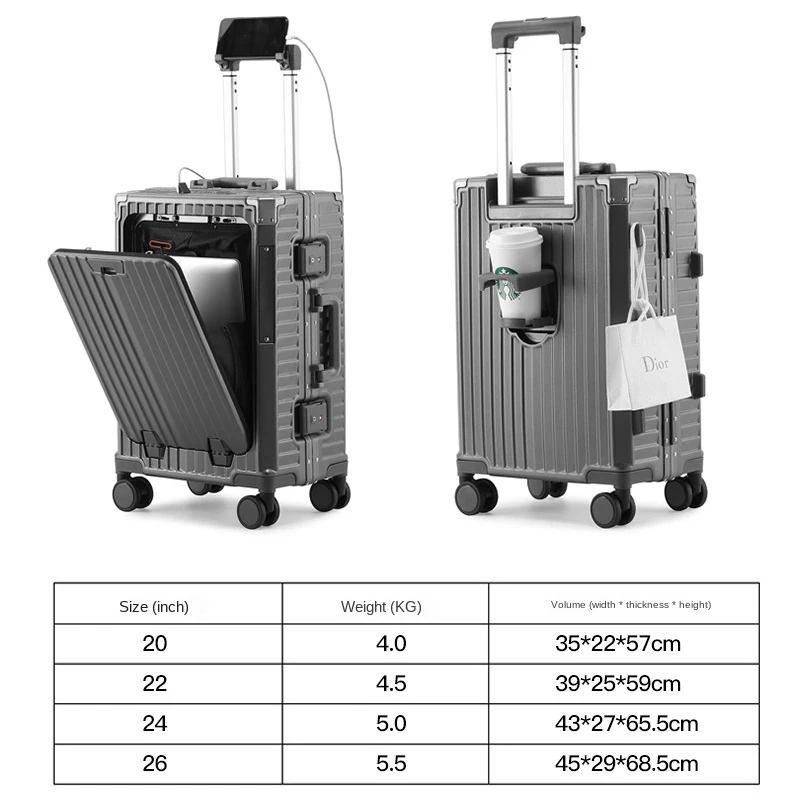 Imagem -06 - Mala de Viagem de Quadro de Alumínio Estojo do Trole Abertura Frontal Bagagem de Rolamento Caixa de Senha Estojo de Embarque 20 24 26 28
