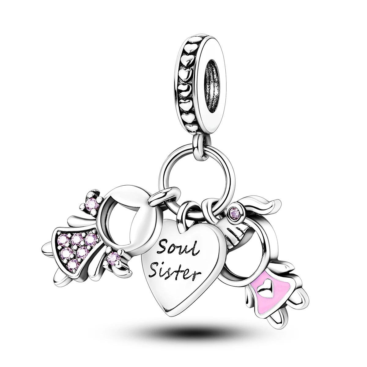 

925 Sterling Silver Soul Sister Charms Pink Enamel CZ Angel Heart Dangle Beads Fit Bracelets Necklace Women DIY Jewelry Gift
