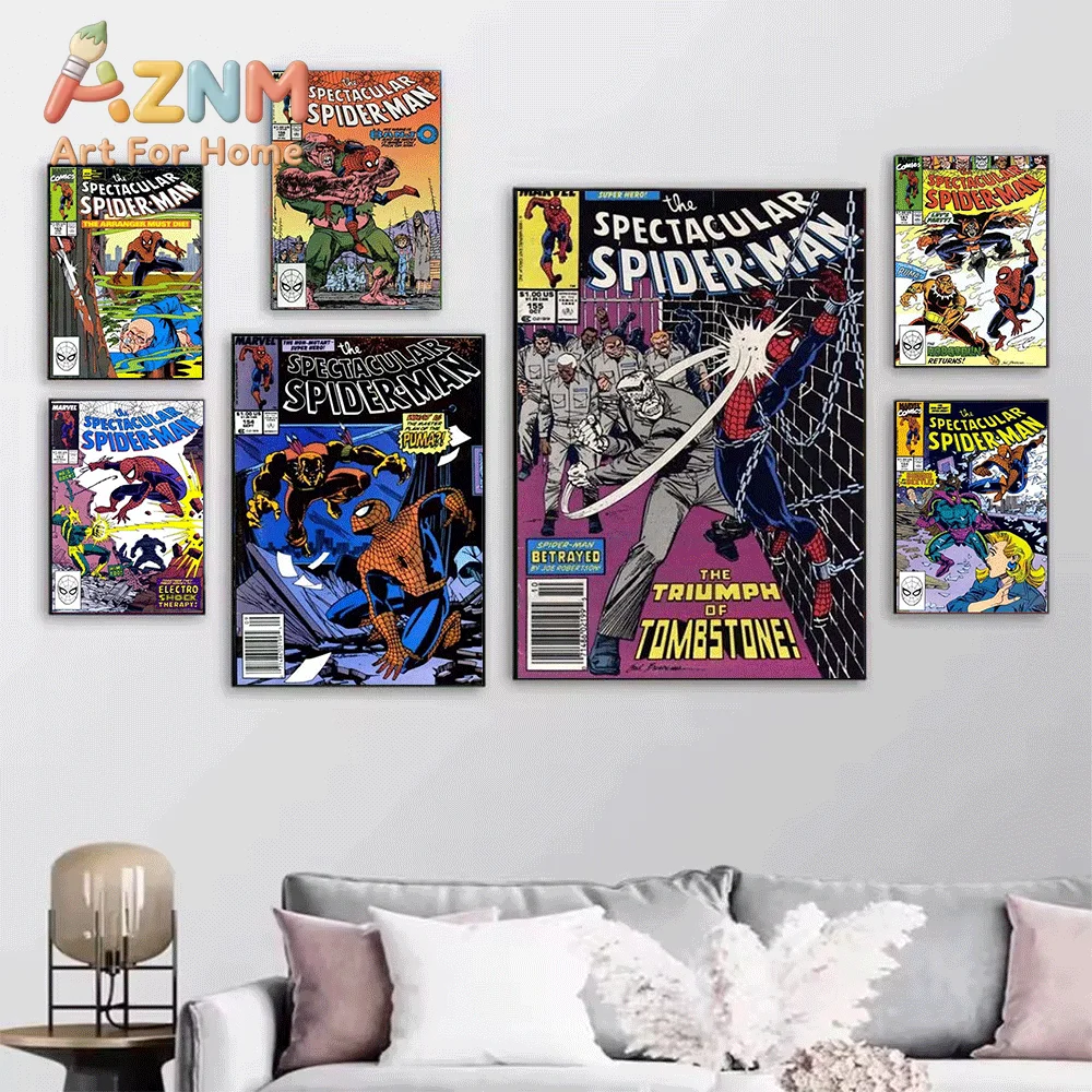 AZNM Vintage The Spectacular Spider-Man Tombstone Comic Cover Collage Canvas Wall Art Unframed Print Home Decor Poster for Sup