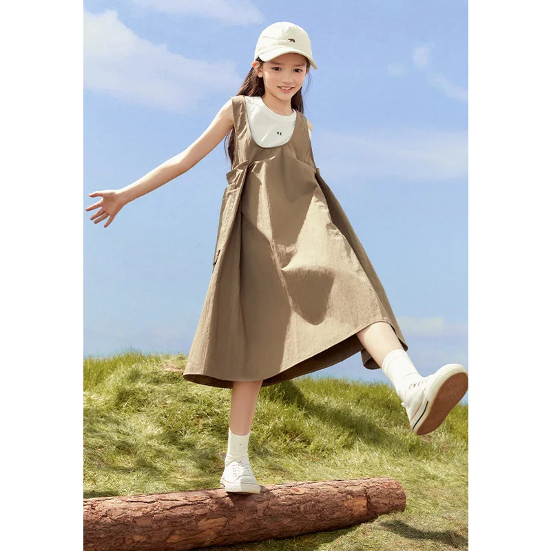 

Girls Dress 2024 Summer Cotton Dress Girls Large Child Labor Wind Strap Skirt Children Foreign Style Skirt Korean Simple Style