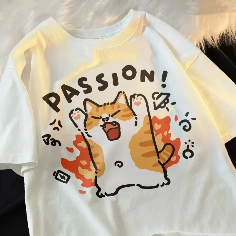 

ZAZOMDE Свободная футболка с короткими рукавами для мужчин и женщин, оригинальный японский модный бренд, футболка с изображением кошки для пар, топ