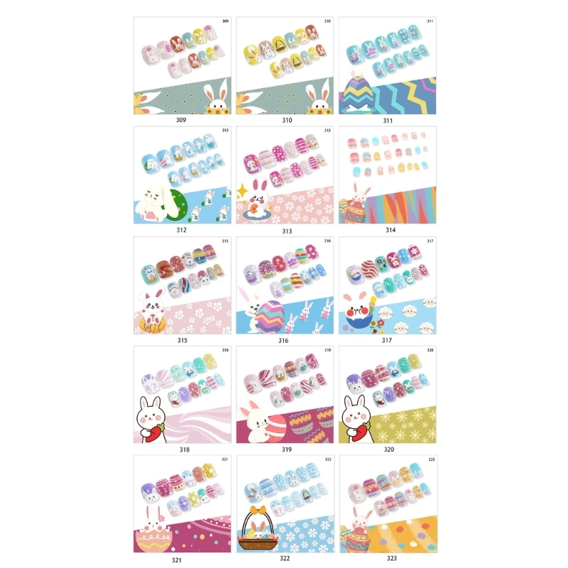 RXJC Press On Nails For Kid Self Adhesive Easter Bunny Press On Colorful Fake Nails for kids Pattern