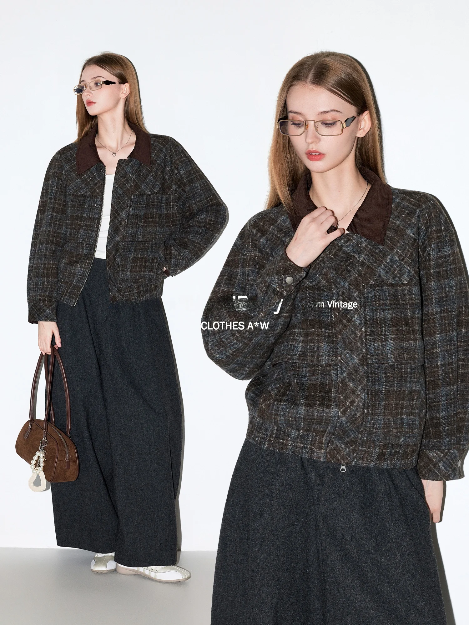 

MoodBerry American Retro Plaid Woolen Lapel Jaet Women's Loose Casual Versatile Outerwear Top Spring Season Polyester Fiber