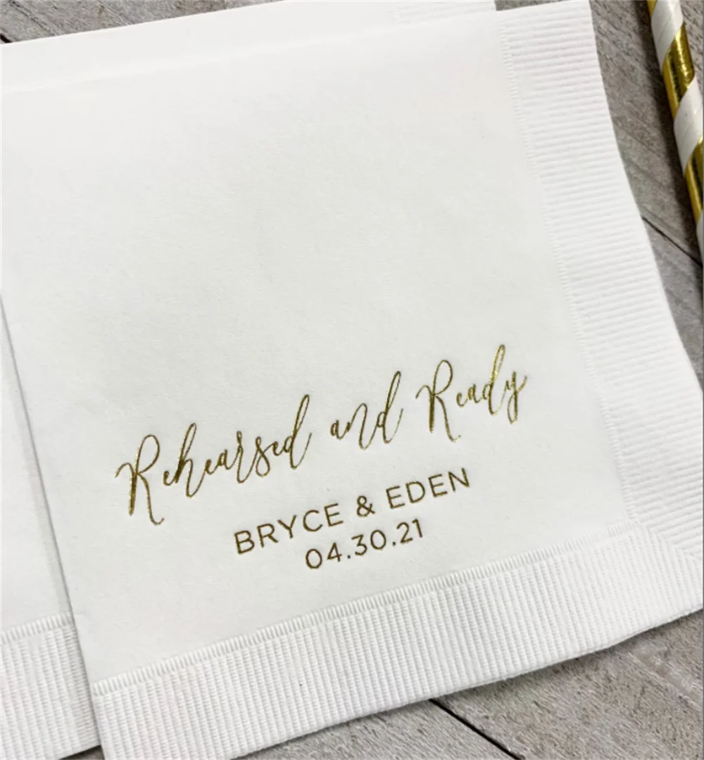 

50PCS Custom Printed Rehearsed & Ready Beverage Cocktail Luncheon Dinner Guest Towel Napkins Imprinted Foil Stamped