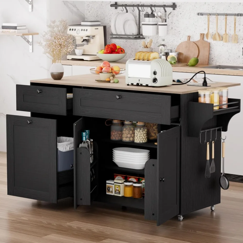 جزيرة مطبخ محمولة مع مساحة تخزين وأوراق متدلية، وعربة دوارة مع سلة مهملات مدمجة ومخرج طاقة #1