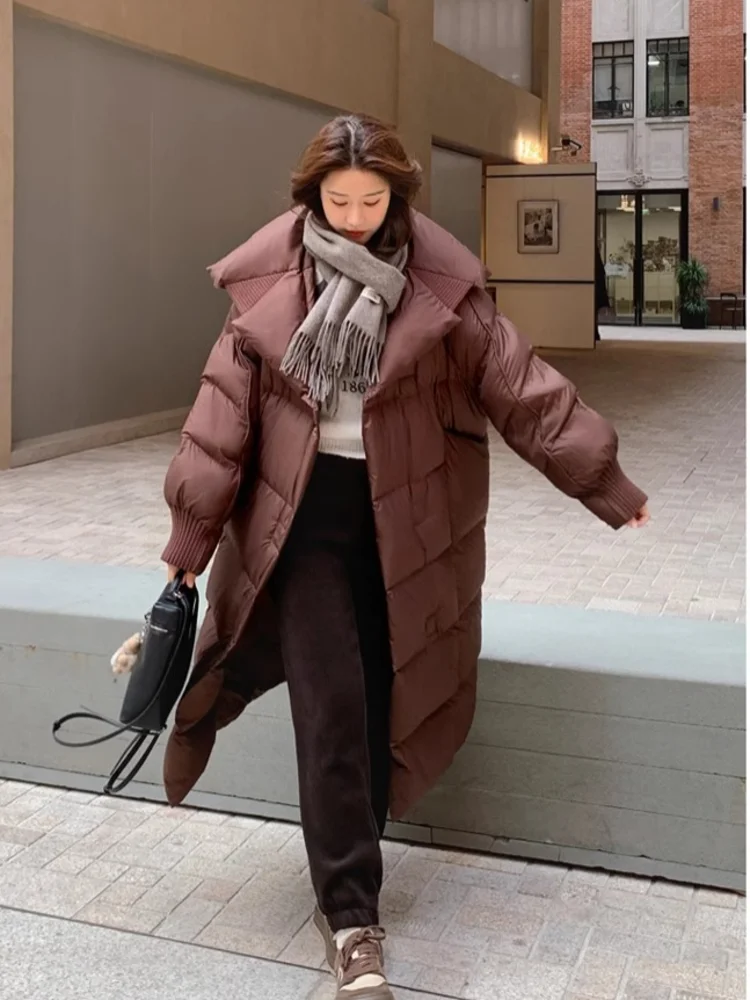 

Женское длинное утепленное пальто-пуховик из хлопка с воротником-стойкой, до колен, модное, антивозрастное, зимняя верхняя одежда в корейском стиле, свободный крой