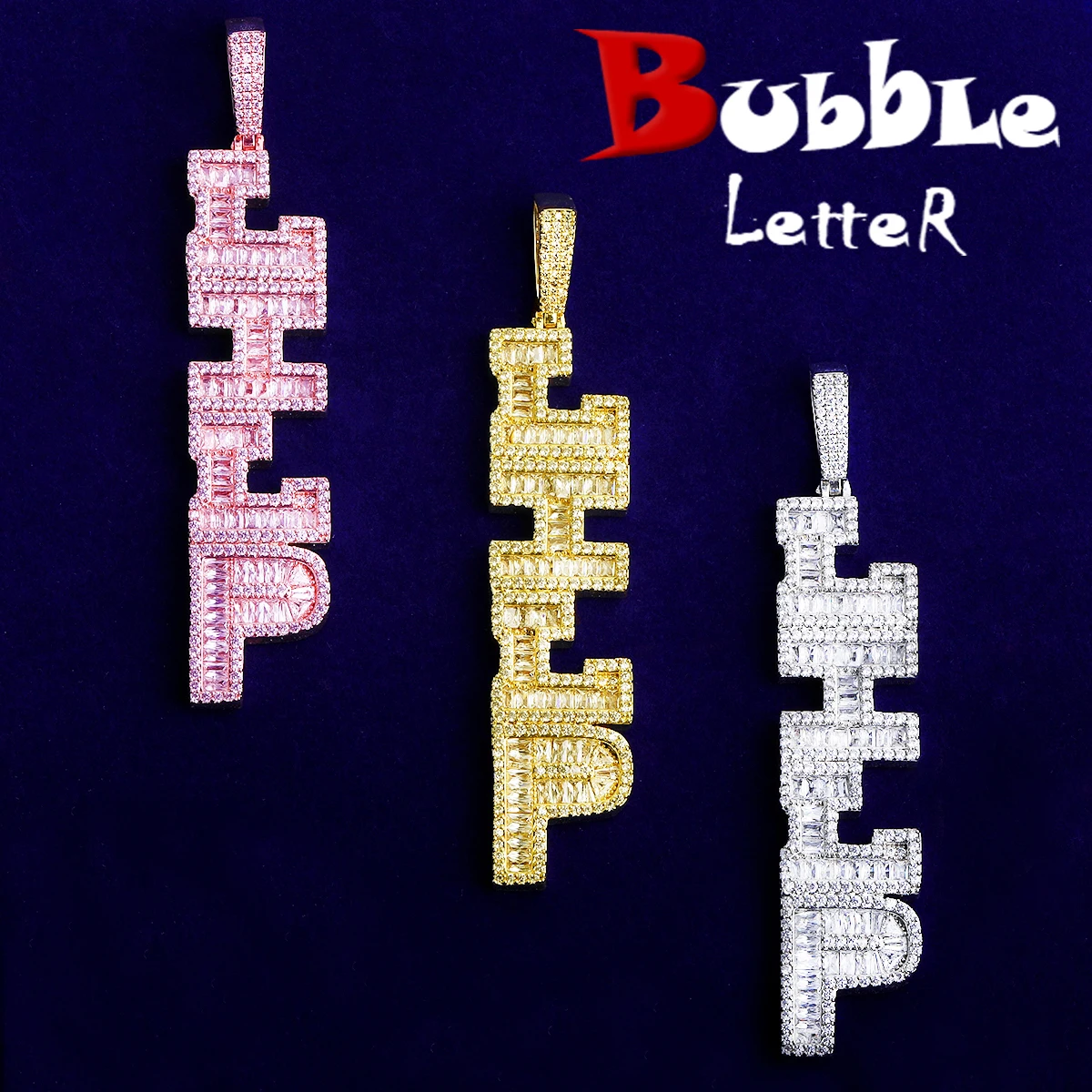 

Bubble Letter Vertical Iced Out Custom Name Necklace Pendant Men Prong Setting Cubic Zirconia Copper Gold Plated Hip Hop Jewelry