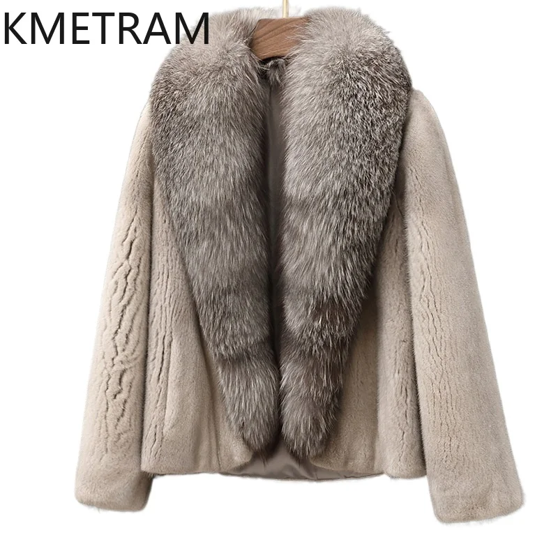 

100% Mink Fur Jacket Woman Luxury Grey Short Real Fur Coat Winter Women Clothing Furry Jackets 2025 Fox Fur Collar шуба женская
