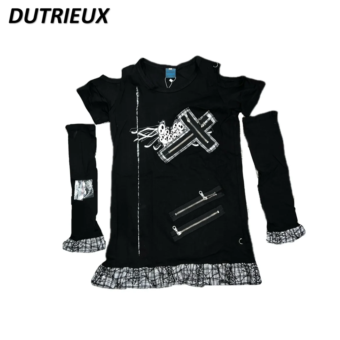 Girls Dark Punk Chain Stitching Long Sleeve Loose T-shirt Spring and Autumn New Round Neck Black T Shirts Tops for Women