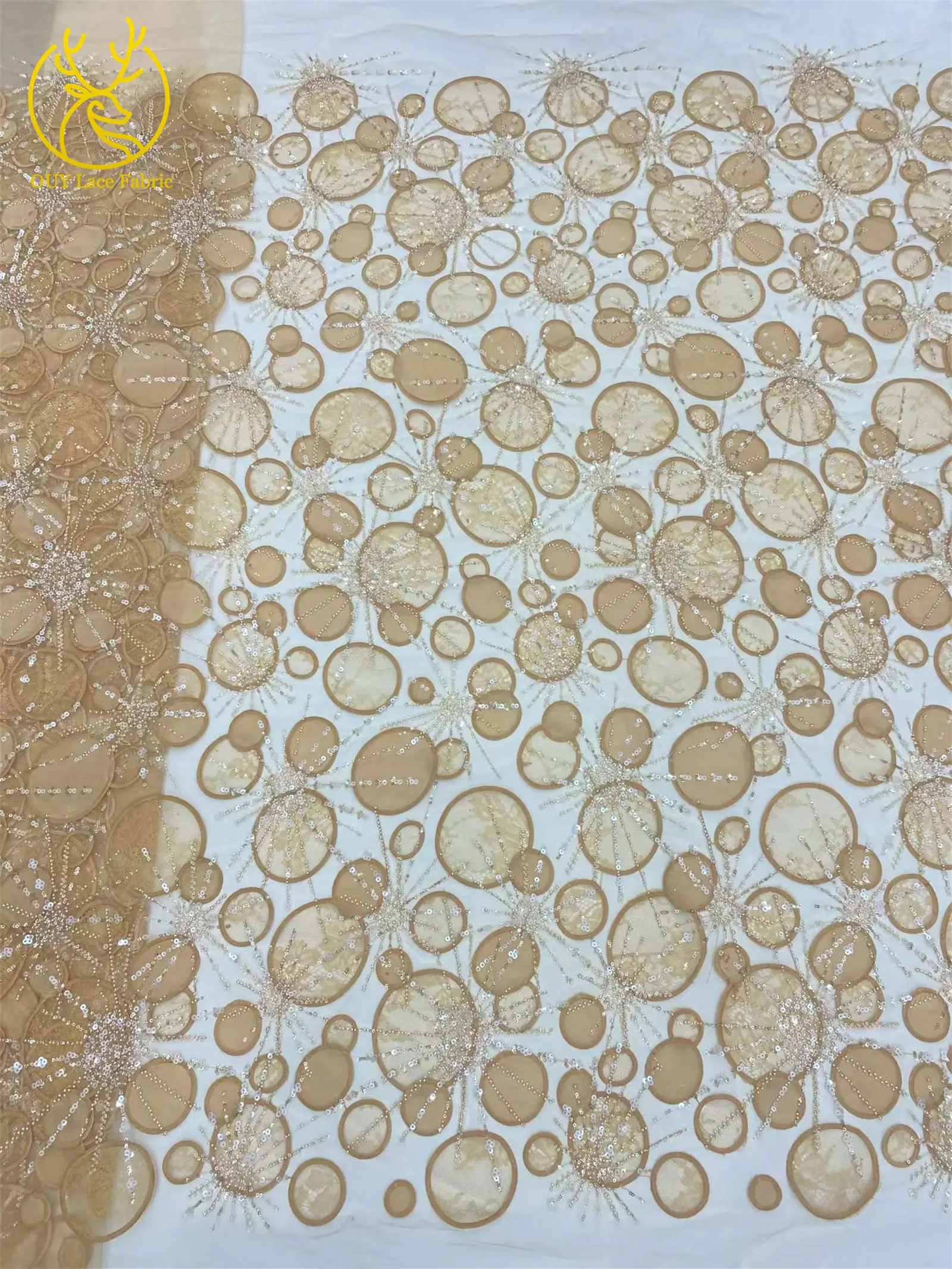 Luxuriöser afrikanischer Spitzenstoff mit Pailletten-Stickerei, gelb, 5 Yards, französischer nigerianischer Tüll-Spitzenstoff für Damen-Partykleider zum Nähen – Detail 12
