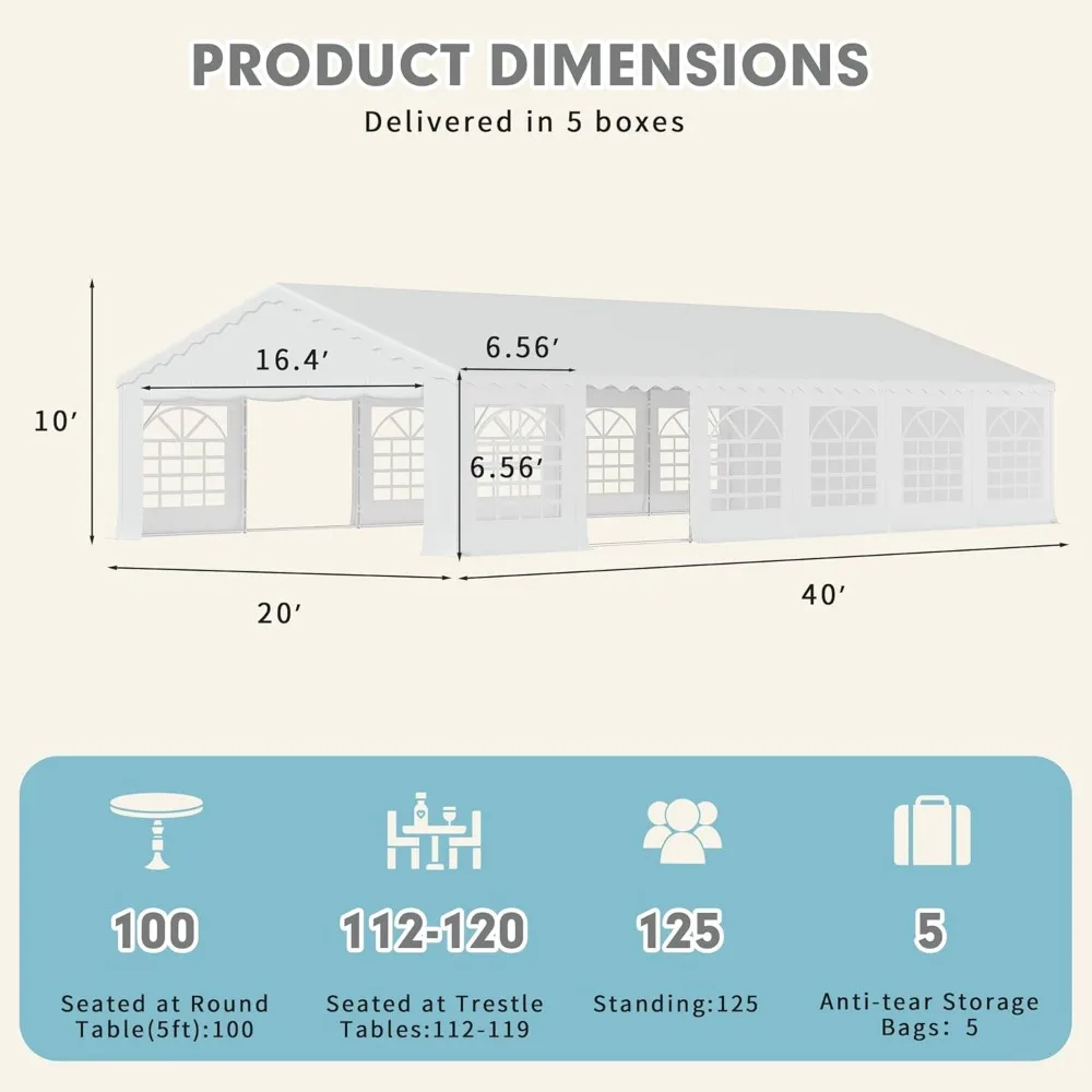 Party Tent,20x40ft Outdoor Wedding Tent, Heavy Duty Large Canopy Carport with Removable Sidewalls,2 Roll-up Doors,5 Storage Bags