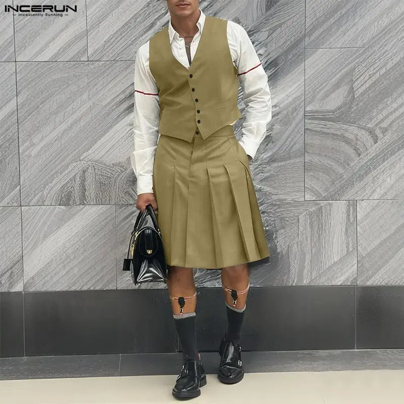INCERUN Men Sets Solid Color V Neck Sleeveless Vests & Pleated Skirts Two pieces Sets Streetwear Personality Fashion Men's Suits