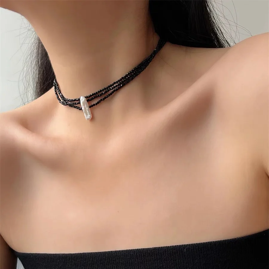 

Винтажное ожерелье-свитер из натурального жемчуга, длинное ожерелье с черными кристаллами, однослойное или двухслойное ожерелье 100 см