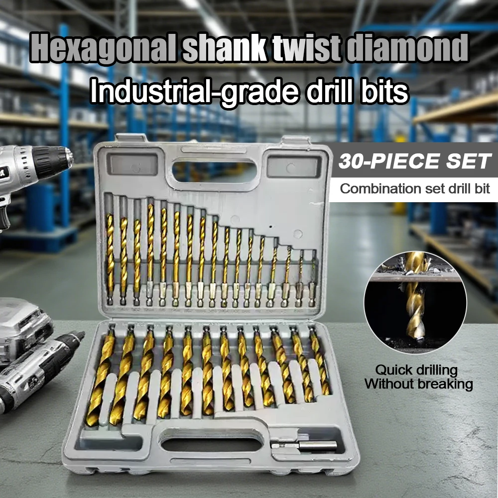 

30-Piece Titanium-Coated Twist Drill Bit Set High-Speed Steel Imperial Hex Shank Drill Bits Combination Drill Bit Set
