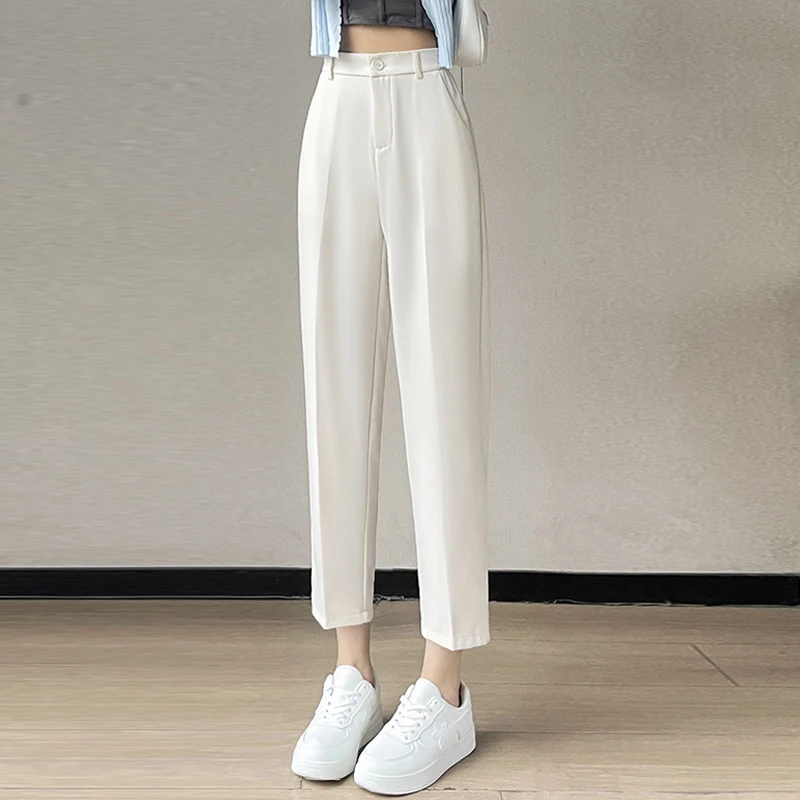 Women Chic Fashion Office Wear Straight Pants Vintage High Elastic Waist Female Ankle Trousers Mujer Casual Solid Suit Pants