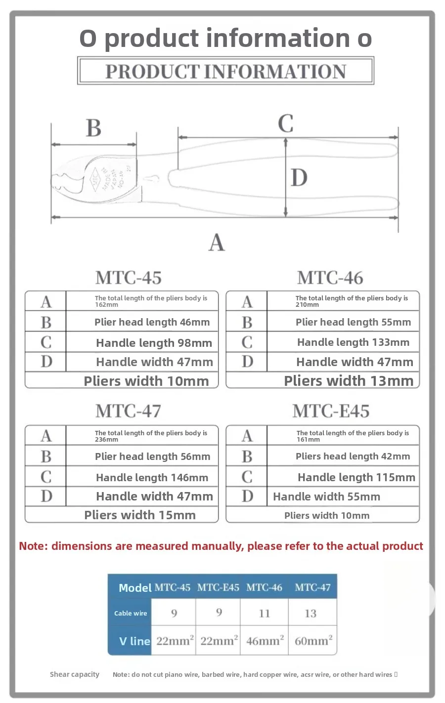 MTC Japan Kabelschneider MTC45 Abisolierzange 6 Zoll Kabelzange Leitungsschneidezange MTC-46 Langlebige Handwerkzeuge für Elektriker – Detail 10