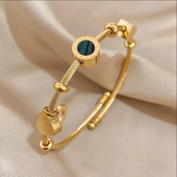 Fashion Gold Plated Stainless Steel Bangle With Malachite And Roman Letter Pendant Elegant Jewelry Gifts For Women Party Wear