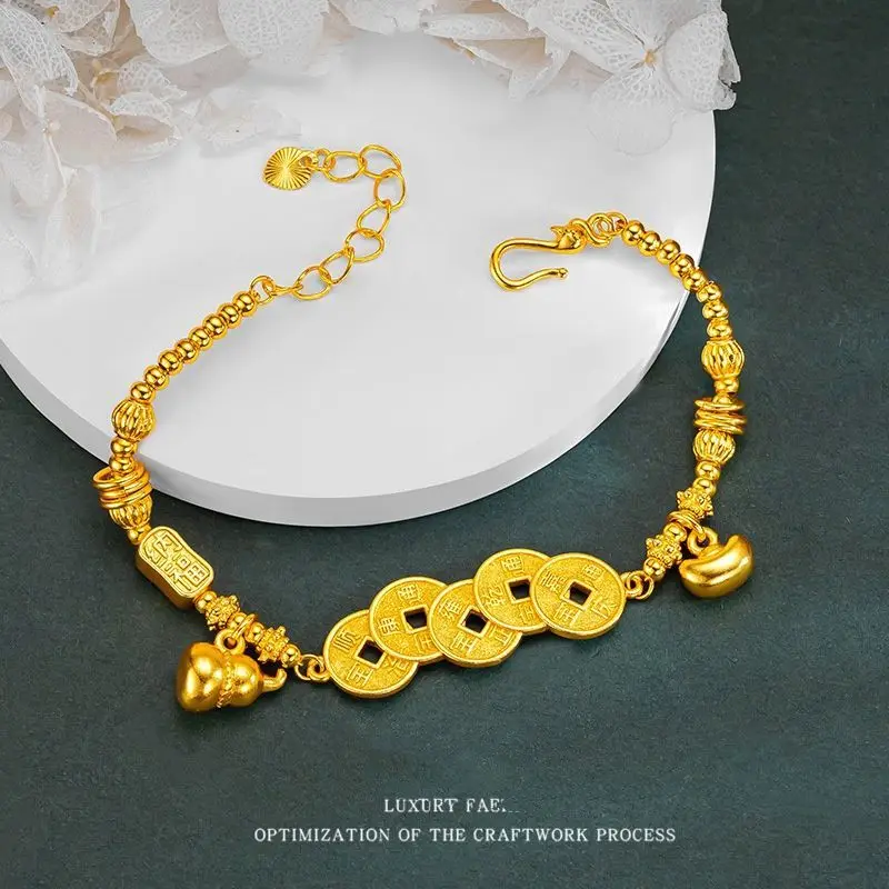 

‌ Новые позолоченные древние ремесла, пять императорских монет, тыквенные бусины, регулируемая цепочка, женские украшения, богатство, благословение удачи, повседневная одежда