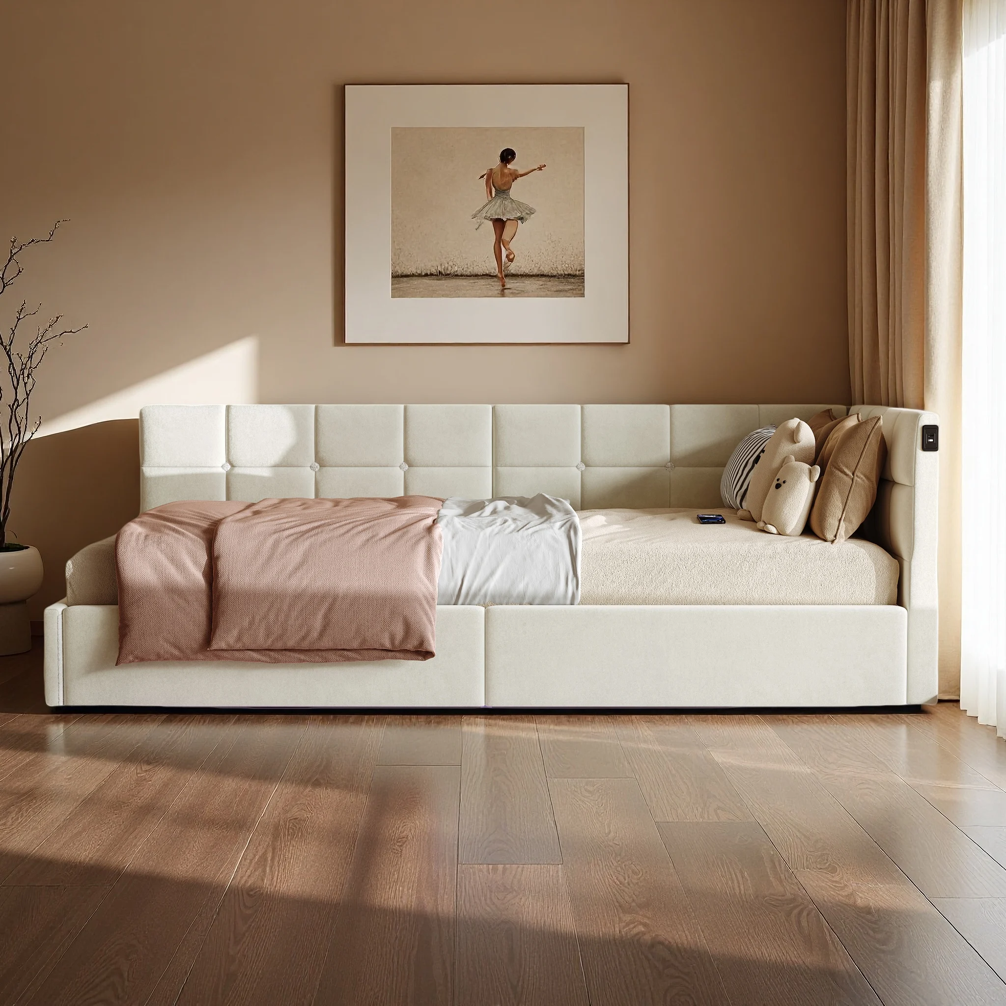 Rosahqnda Lit de repos 90 x 200 cm, canapé-lit en forme de L, lit simple, lit de jeunesse, rangement de levage hydraulique, port de chargement, tissu velours