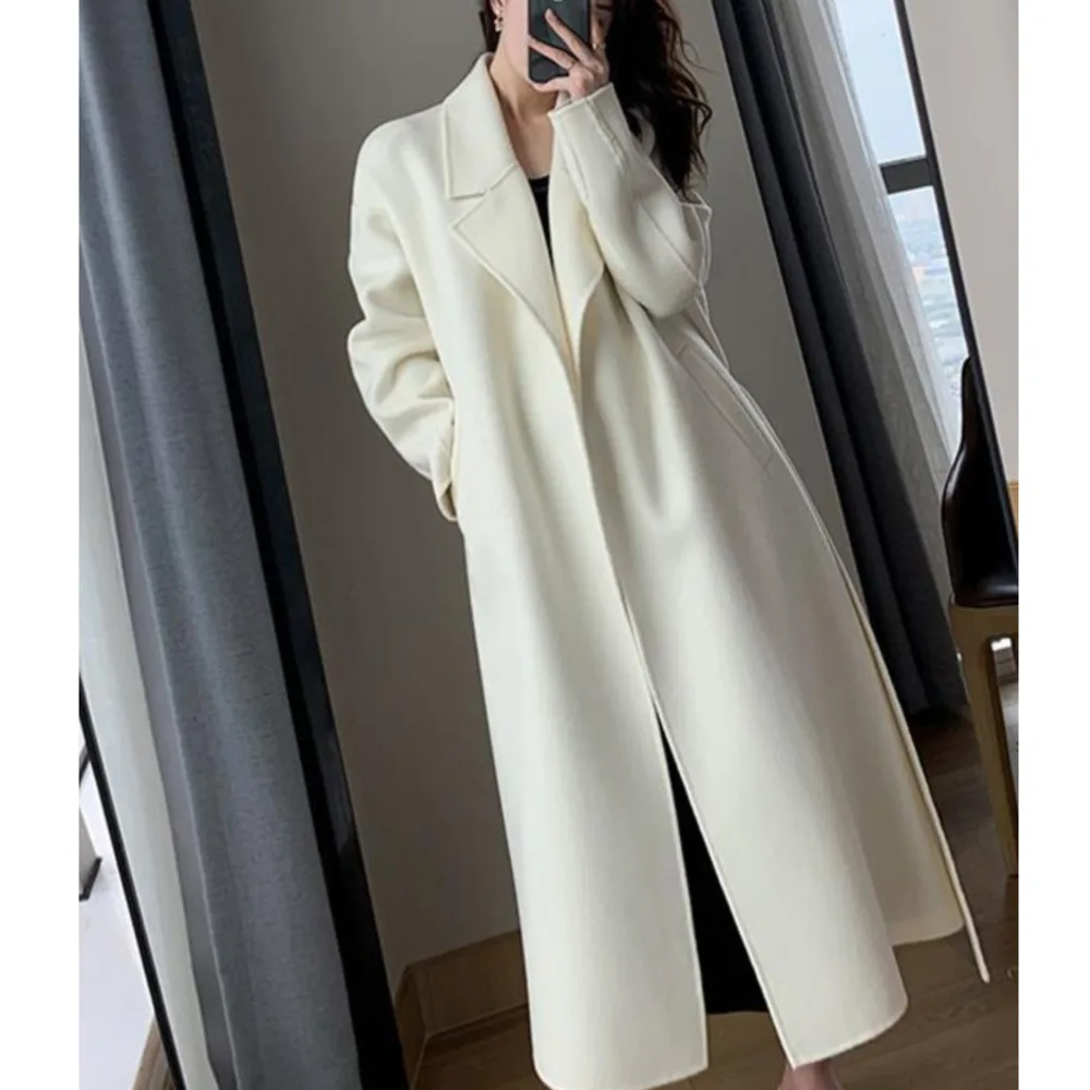 

Autumn Winter New Women Elegant Long Wool Coat With Belt Solid Color V Neck Long Sleeve Jackets Chic Outerwear Ladies Overcoat