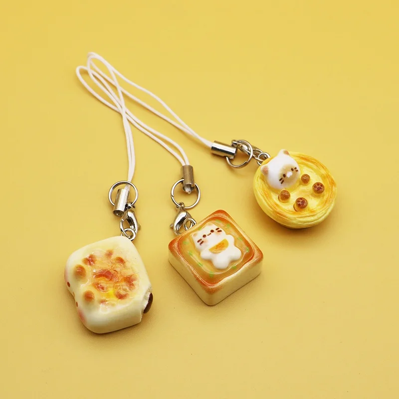3Pcs/Set Japanese Style Cute Cat Bread Mobile Phone Charms Kitten Toast Keychains Lanyard Pendant Strap Smart Phone Accessories