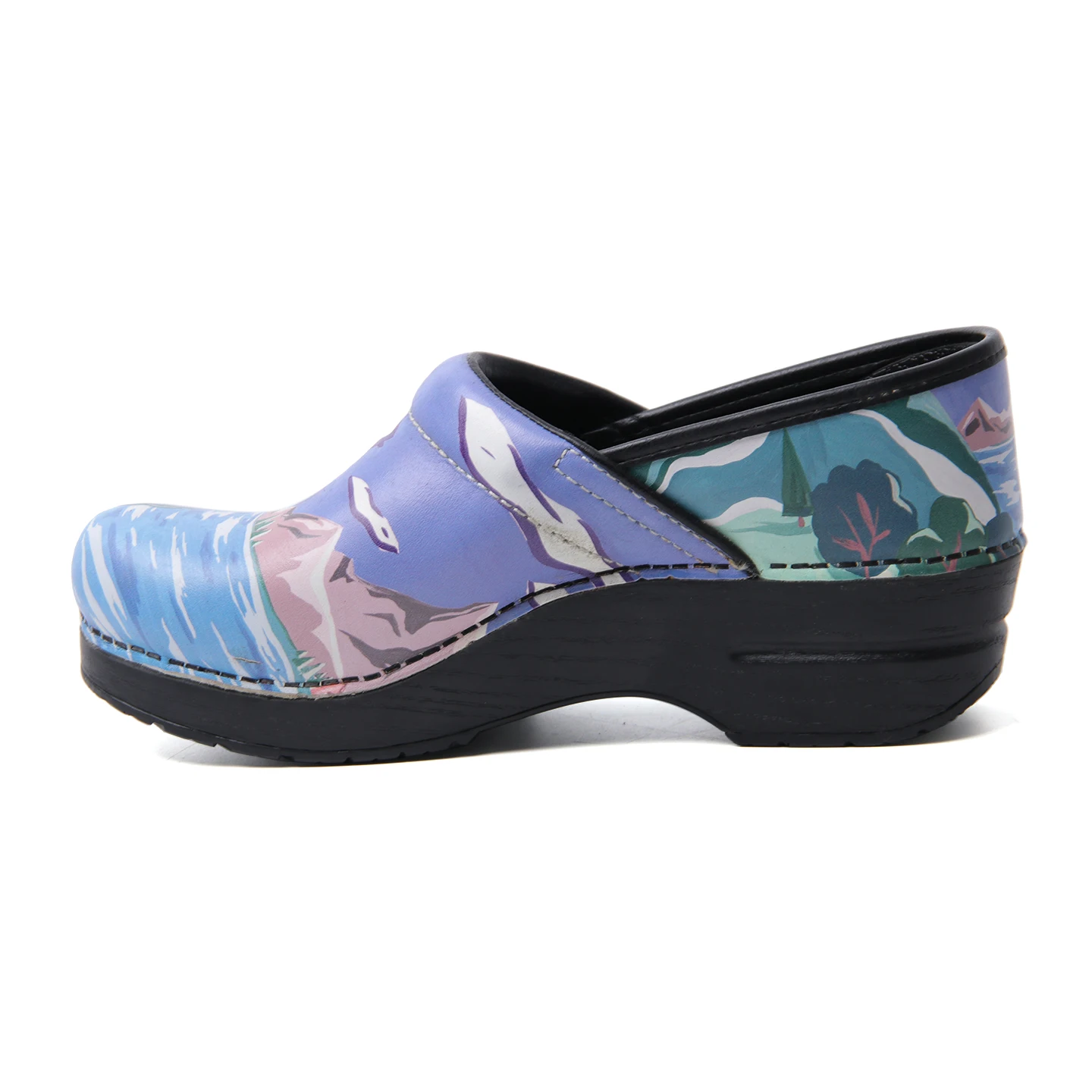 Dansko Printed Leather Work Clogs Slip Resistant Wood Wedge Slip On Mules Nursing Chef Gardener Shoes