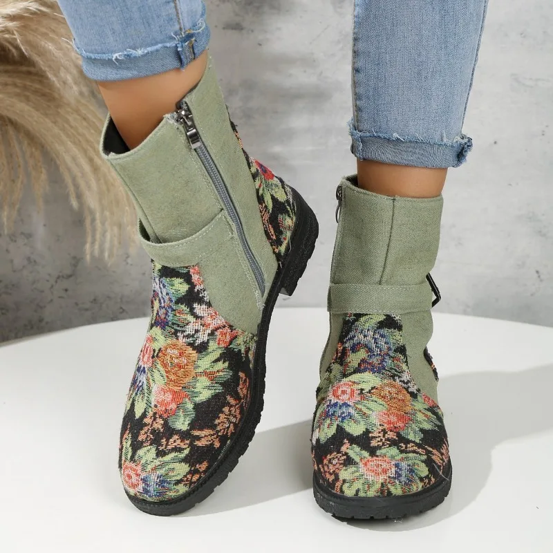 Buckle Zipper Side Suede Combat Boots 2024 New Women Large Size Fashion Design Female Botines Mujer Platform Square Heel PU1