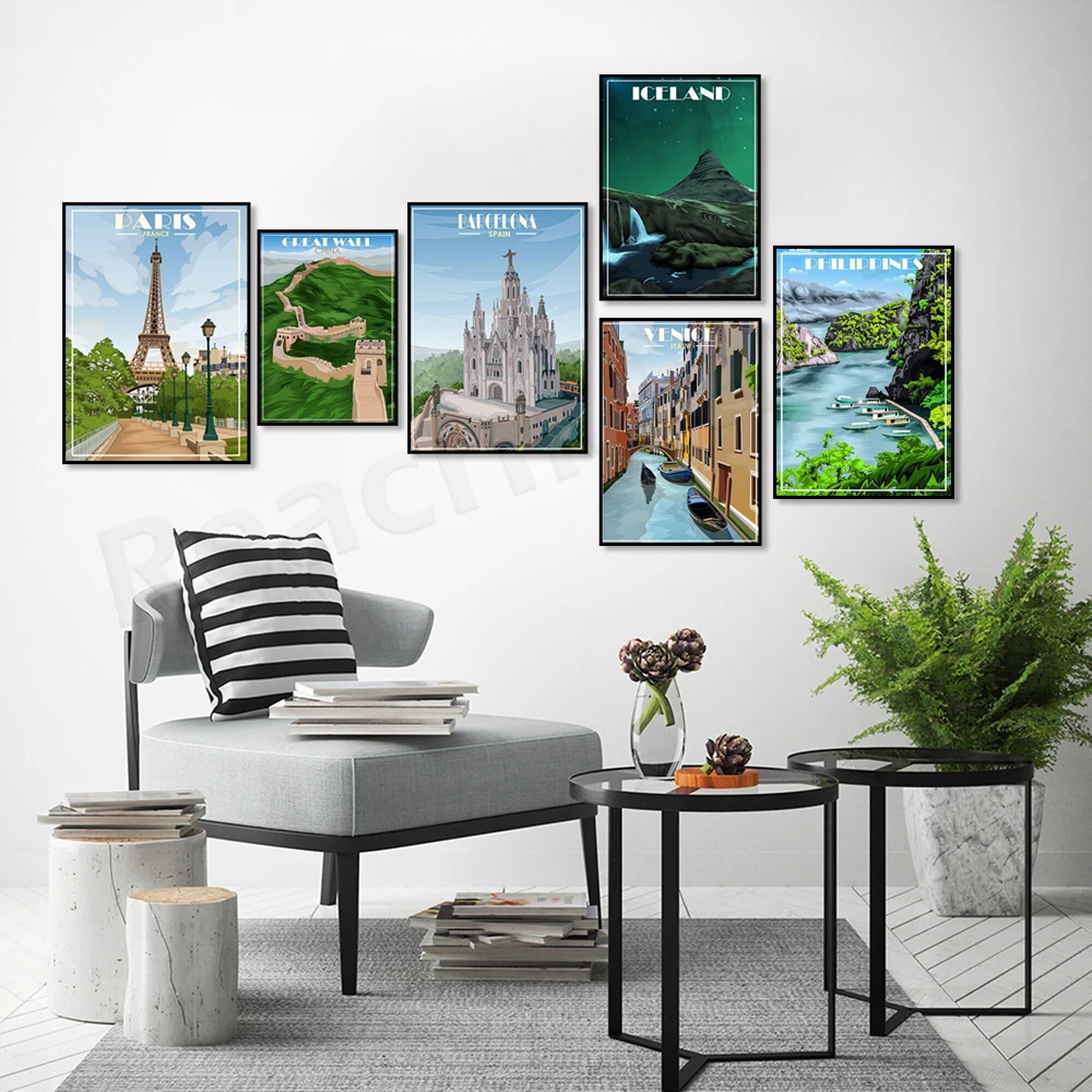 California, Gran Muralla de China, Filipinas, Tailandia, Italia, Venecia, Barcelona, París, Noruega, Canadá, Dubai cartel de viaje