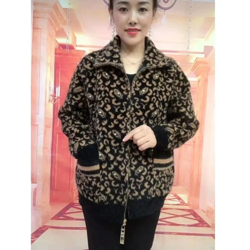 Middle Aged Elderly Women Imitation Mink Velvet Coat High End Fashion Leopard Print Knitted Cardigan Zipper Sweater Jacket 5XL