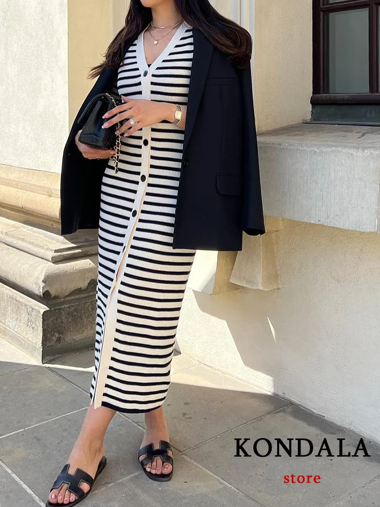 KONDALA Office Lady Striped Knitted Summer Women Dress Fashion 2023 V Neck Short Sleeve Buttons Dress Elegant Vintage Dress