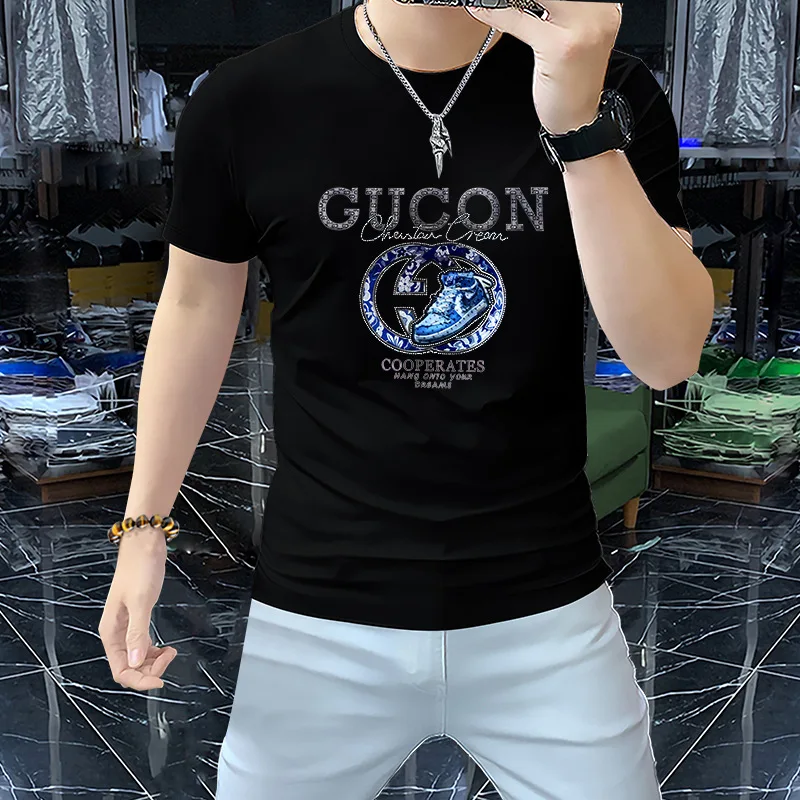 Luxury Men\'s T-shirt Summer Fashionable Hot Diamond 3D Letter Trendy Male Tees Silky Cotton Comfortable Round Neck Man Clothing