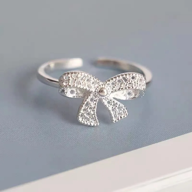 

925 Sterling Silver Rings For Women Simple Vintage Handmade Adjustable Finger Hollow Bow Ring Fashion Band Female Bijoux Gift