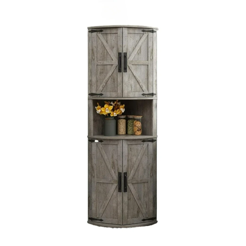 Kitchen Corner Cabinet, Doors and Storage Shelves, Farmhouse Storage with Barn Door Design, Home Space Saver, Cabinets Kitchen