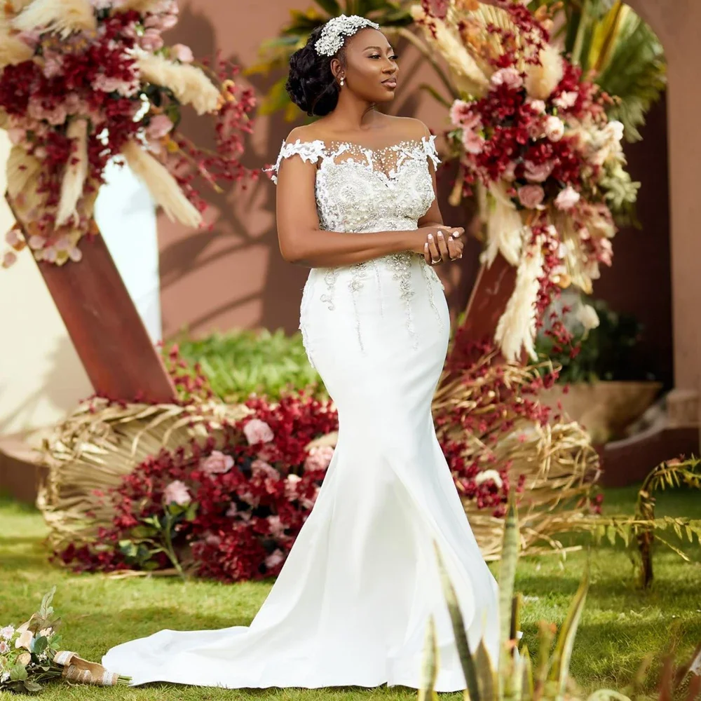 Customized  Cap Sleeves Shinny Beads Mermaid Bridal Dress Sweep Train Vestidos De Novia African  Country Wedding Gowns